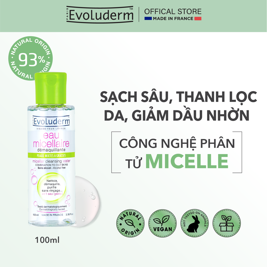 Nước tẩy trang da hỗn hợp Evoluderm 250ml nắp xanh