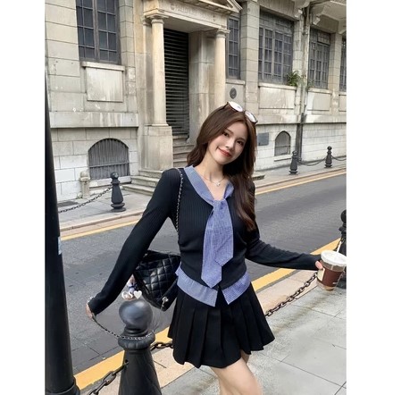 [Tặng Kẹp Tóc] Áo Thun Tăm Phối cổ Sơ Mi Caro,Áo Thun Tăm Thu Đông phong Cách Hàn Quốc BRIYO TD36