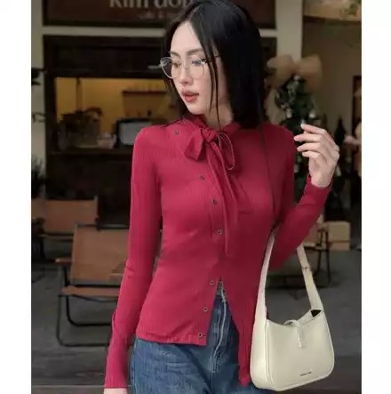 Áo Len Tăm Dài Tay Thắt nơ Lệch Vạt Chéo Cách Diệu Sang Chảnh Tôn Dáng Xinh Xắn Áo Đỏ BRIYO TD41