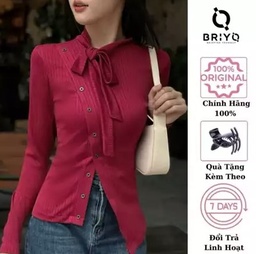Áo Len Tăm Dài Tay Thắt nơ Lệch Vạt Chéo Cách Diệu Sang Chảnh Tôn Dáng Xinh Xắn Áo Đỏ BRIYO TD41